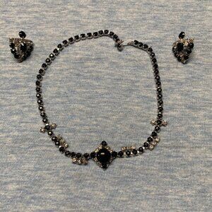 Vtg 50s Clear Rhinestone Black Main Choker Necklace and Screw Back Earrings Set